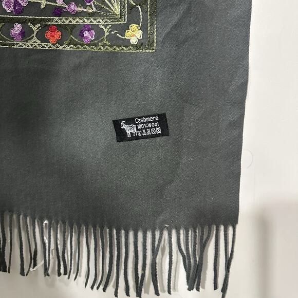 Gray Cashmere Wool Scarf Floral Embroidered Shawl Wrap Fringe Long 78 x 27 In. - Picture 10 of 14